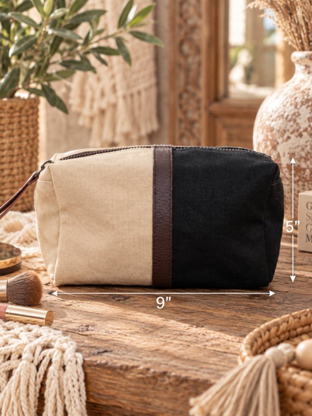 Women's Black & Tan Canvas & Leather Trim Makeup Bag